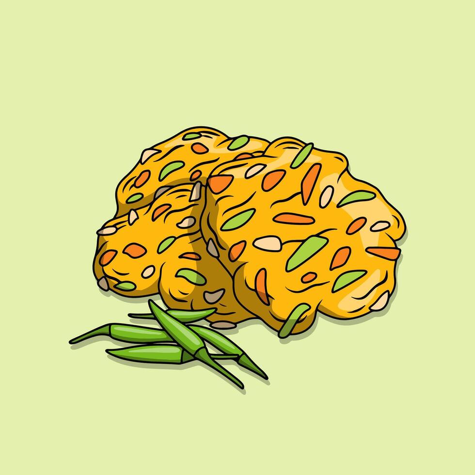 Delicious fried vegetables or bakwan with green cayenne pepper vector