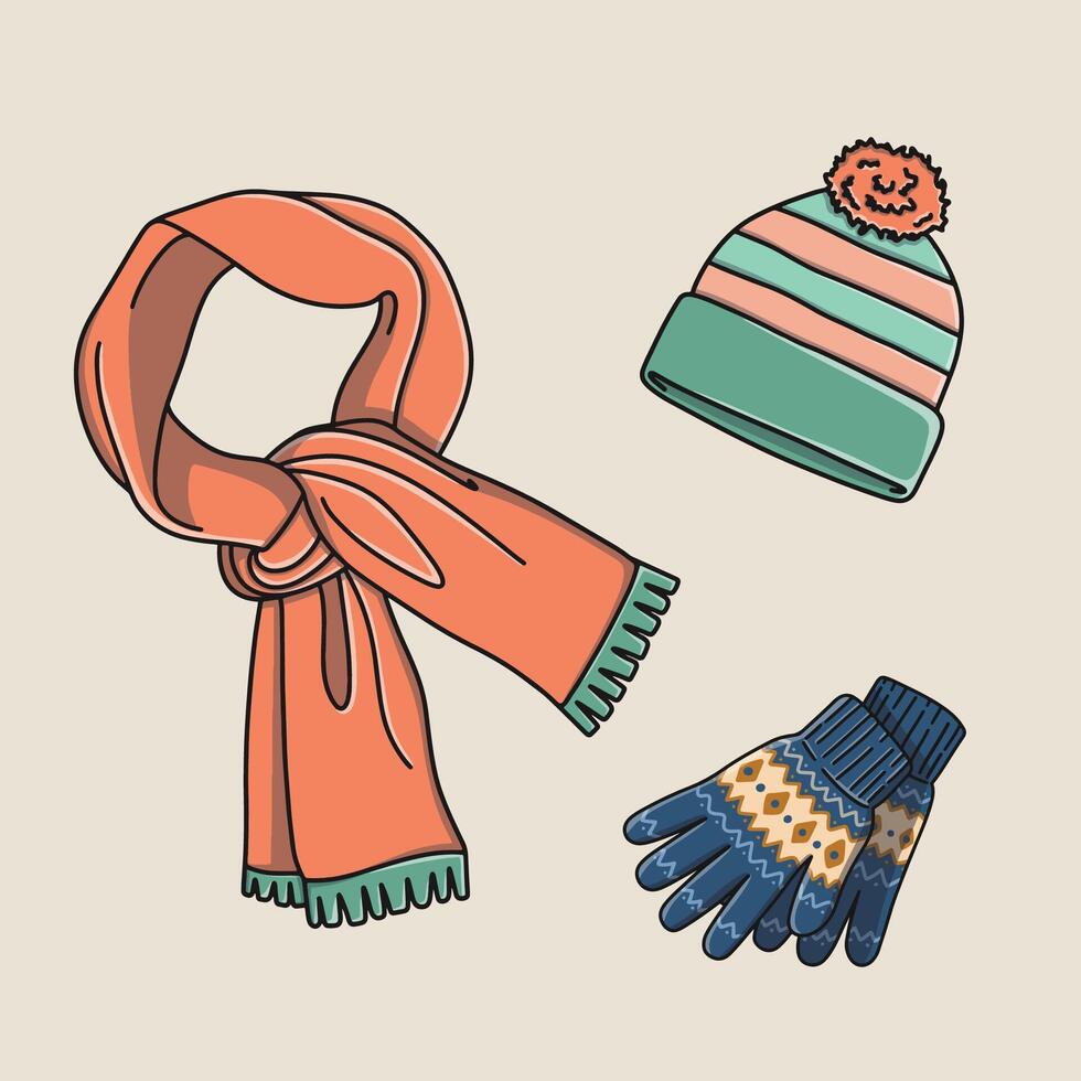 Knitted winter scarf, beanie, and gloves vector