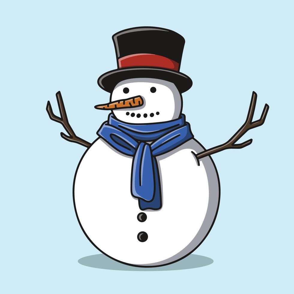 Snowman character wearing a blue scarf and black hat vector