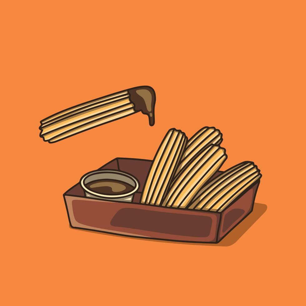 Sweet churros with chocolate sauce vector