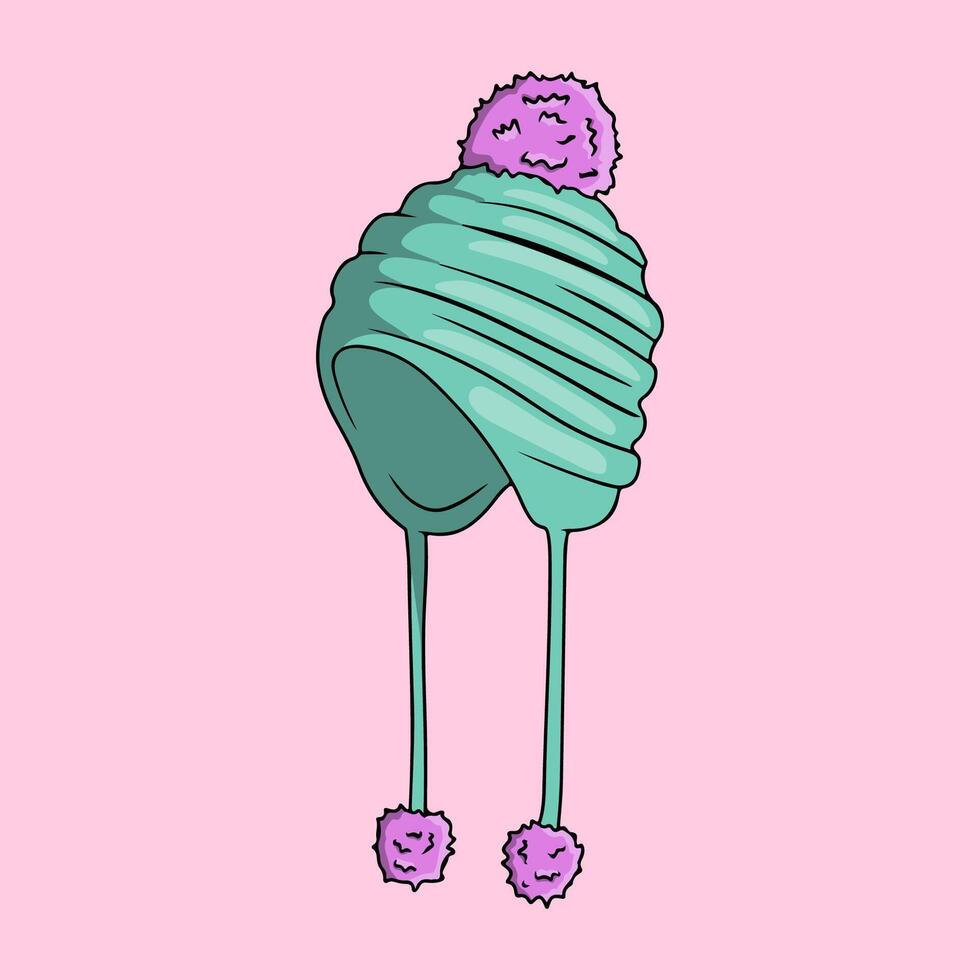 Turquoise knitted hat with purple pom poms on top and string on both sides vector