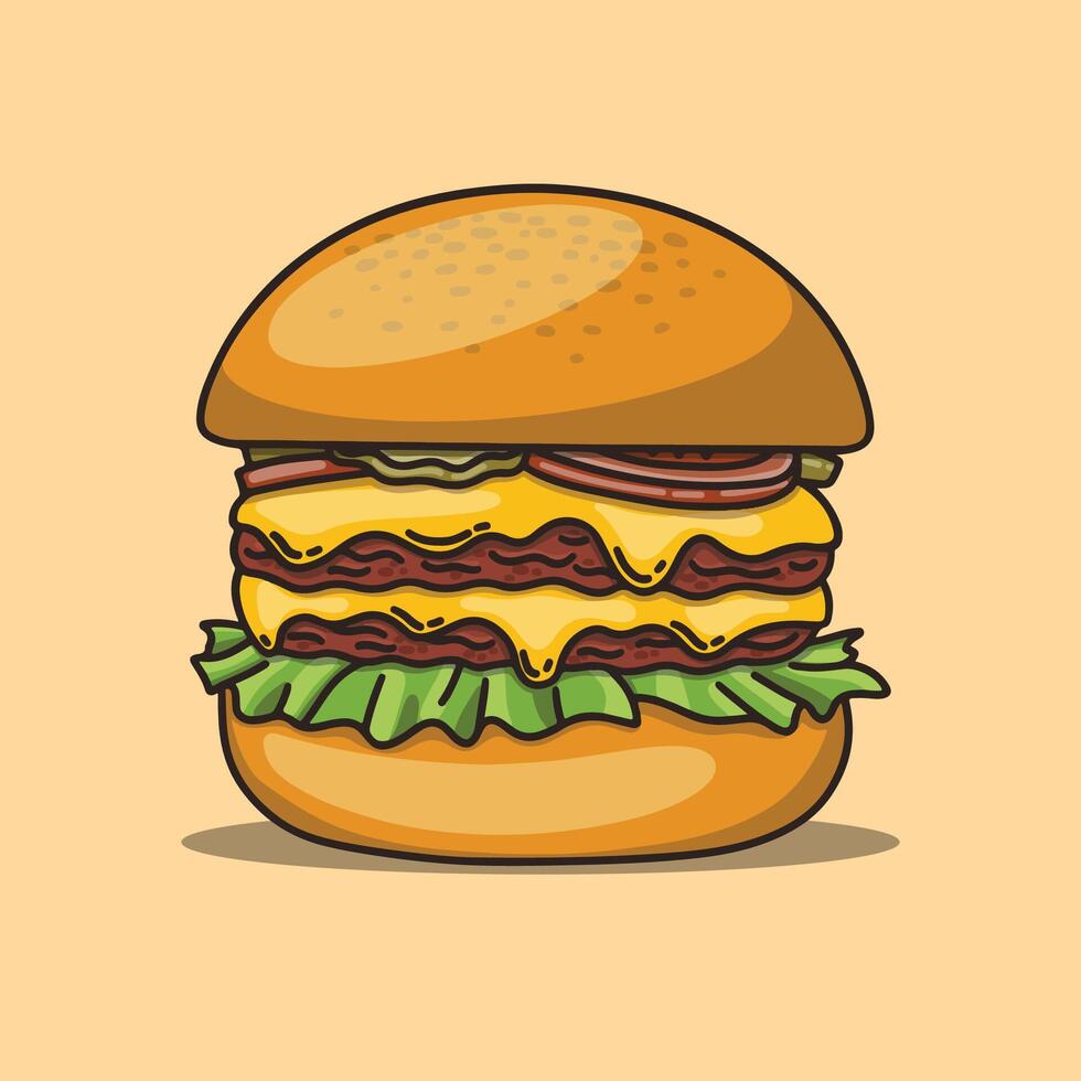 Double cheeseburger with meat, lettuce, pickles and tomatoes vector