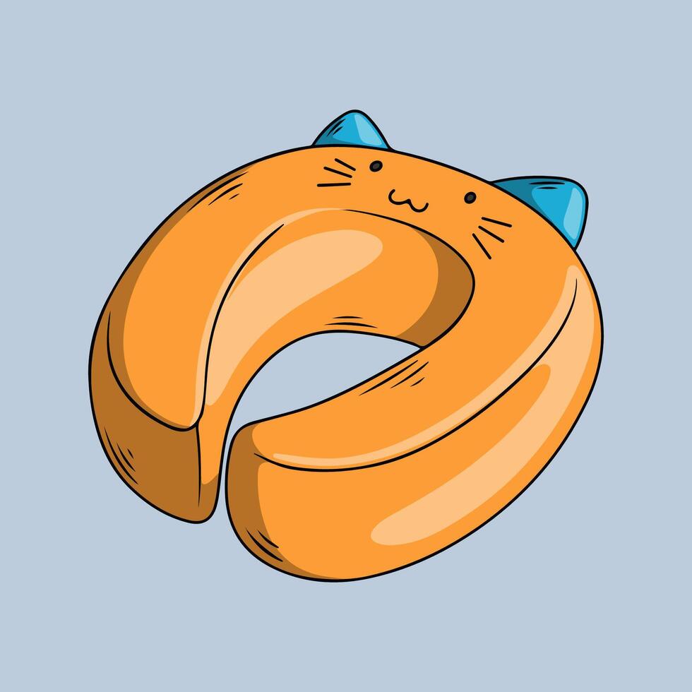 Cute orange travel pillow with cat expression and blue ears vector