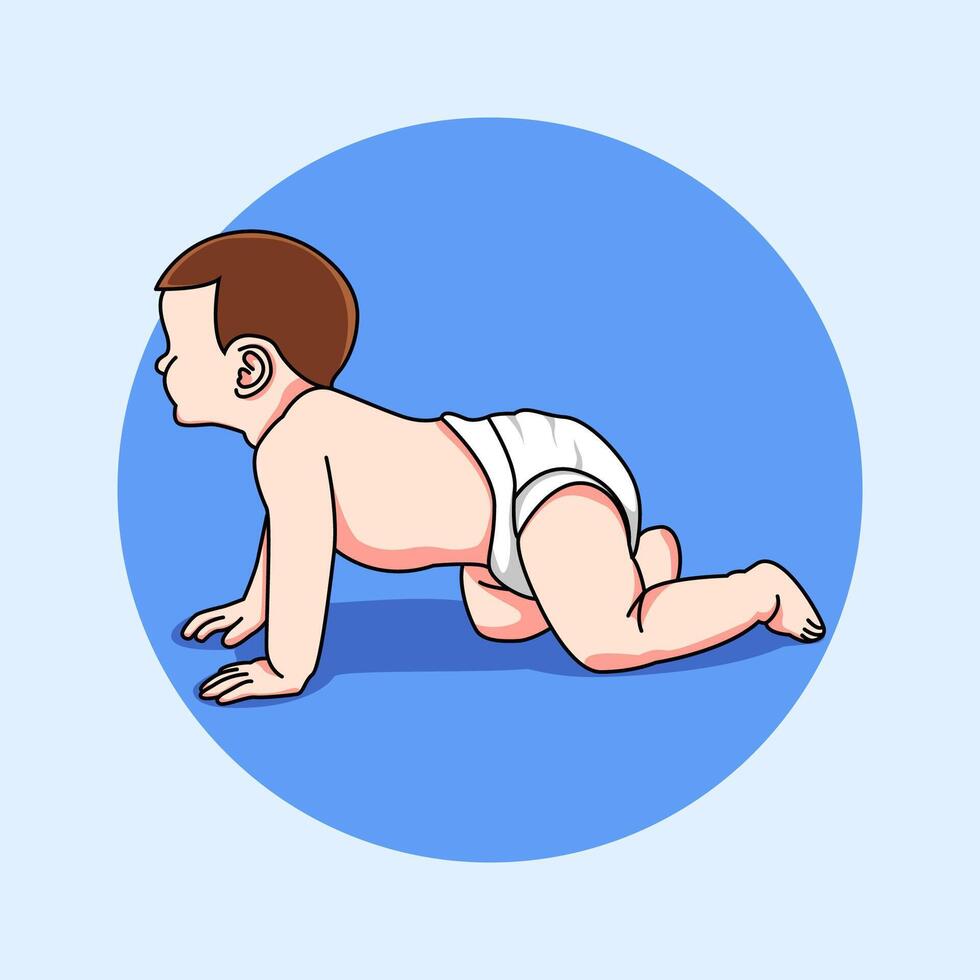 Cute little baby boy in diaper crawling. Active baby learn to crawl on the floor vector