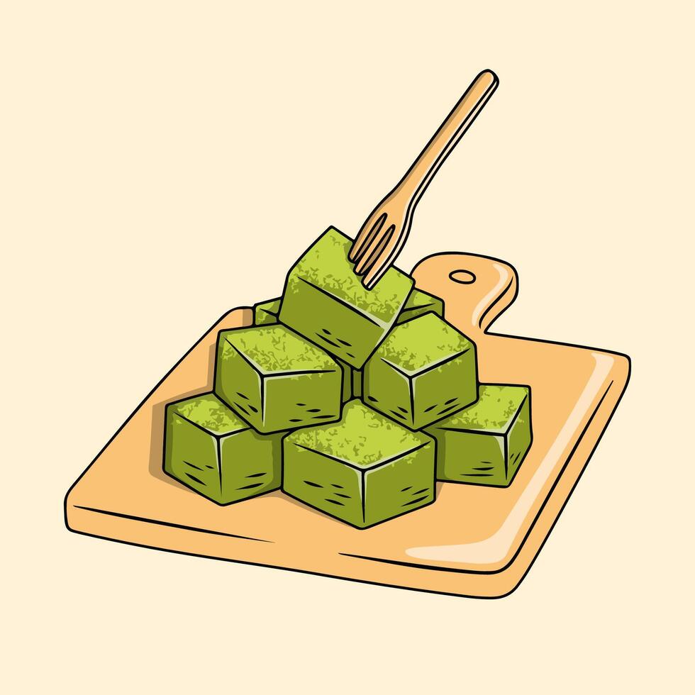 Stack of square matcha truffles coated with green tea powder on a wooden cutting board vector