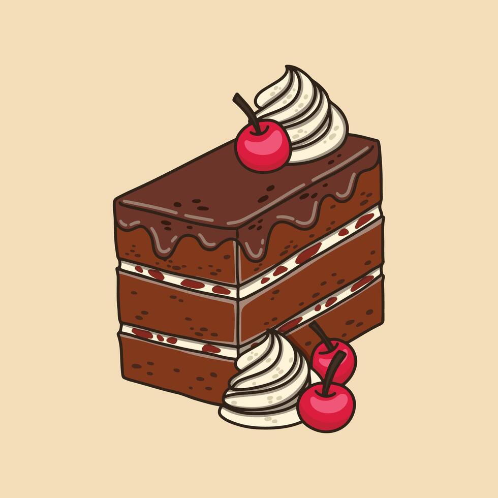 Slice black forest cake with cherry and icing sugar on top vector