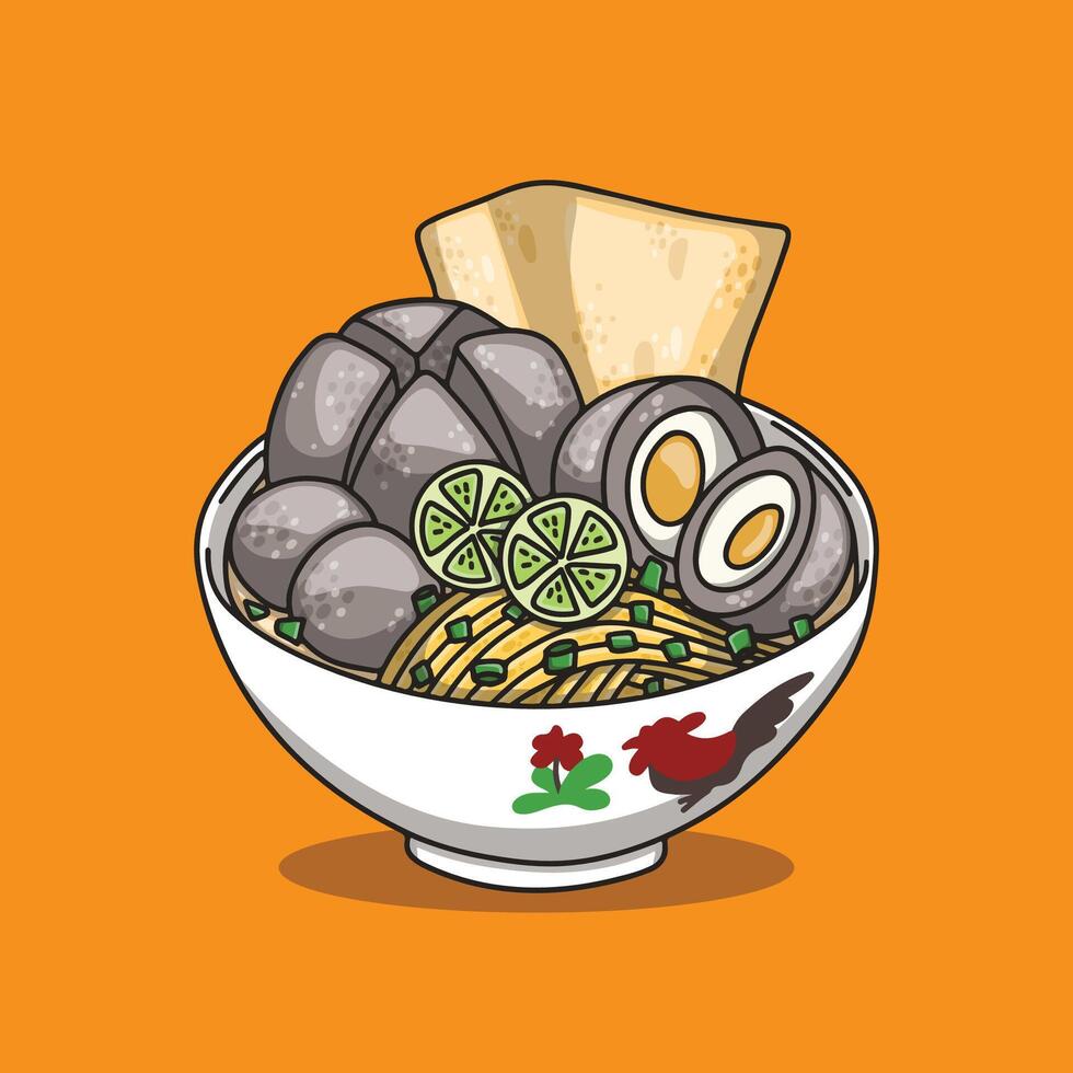 Delicious and warm meatball soup with noodles, and dumplings vector