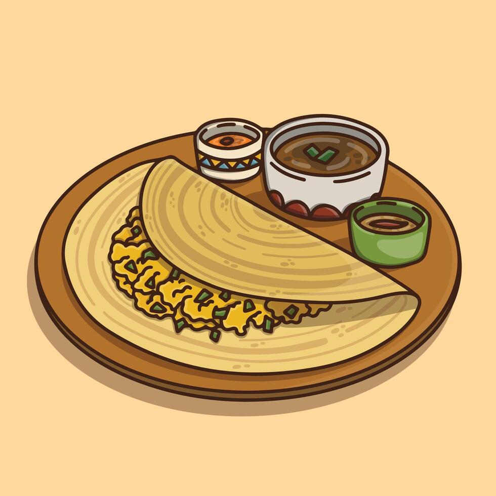 Indian masala dosa with three delicious sauces for seasoning vector