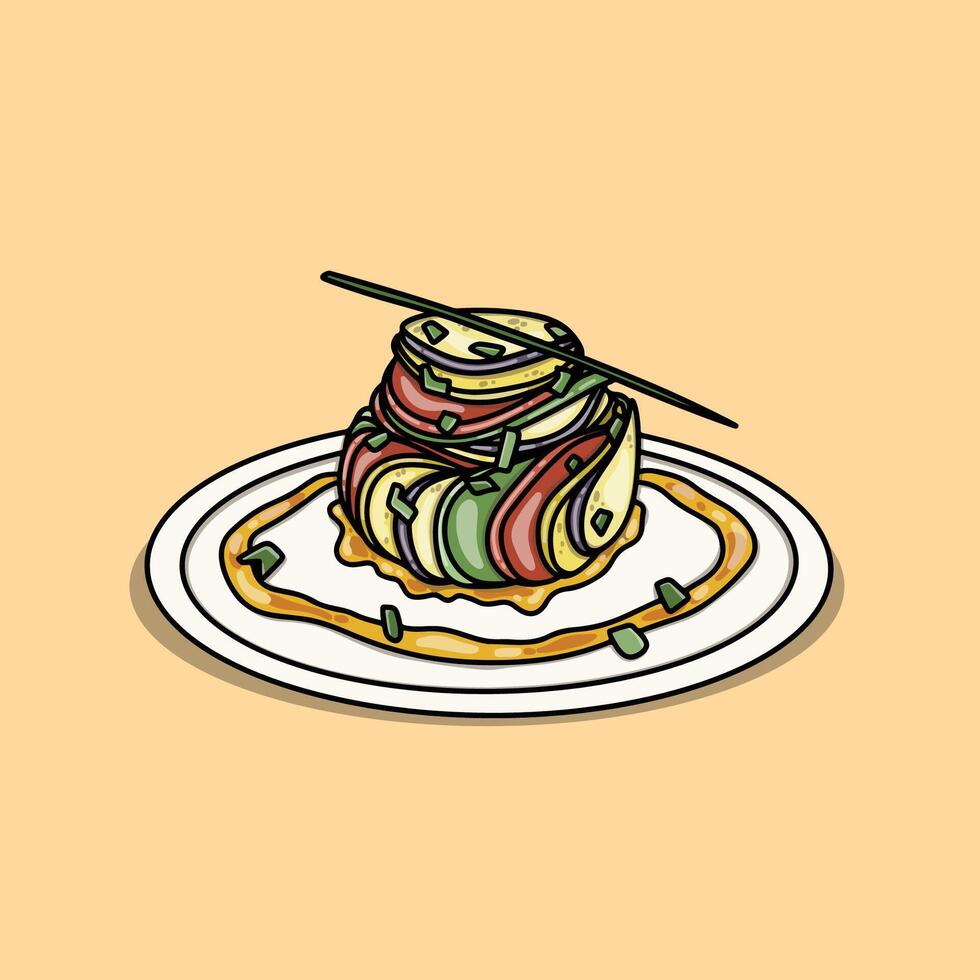 Fresh baked ratatouille on white plate with delicious sauce vector