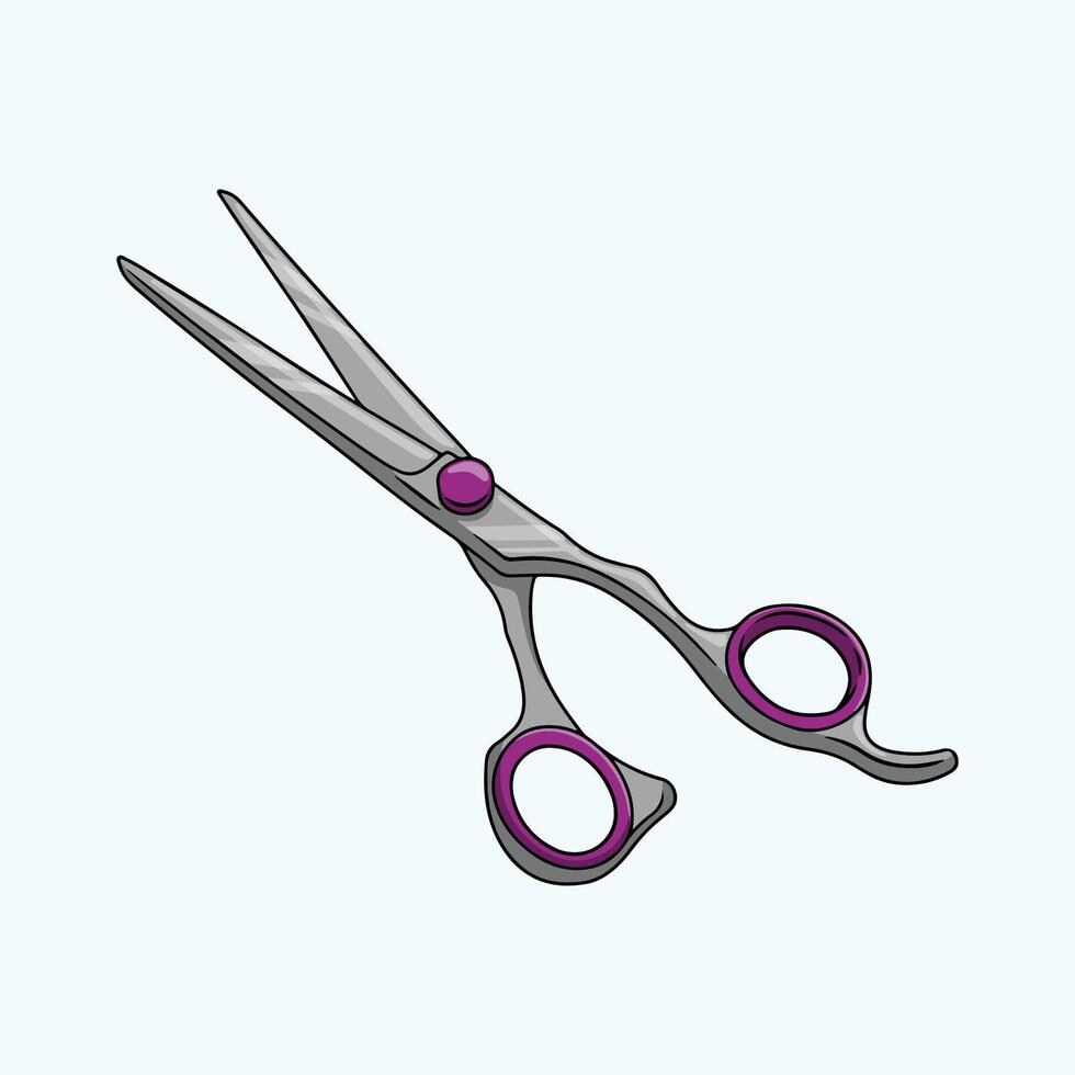 Sharp professional barber scissors with purple rubber handle vector