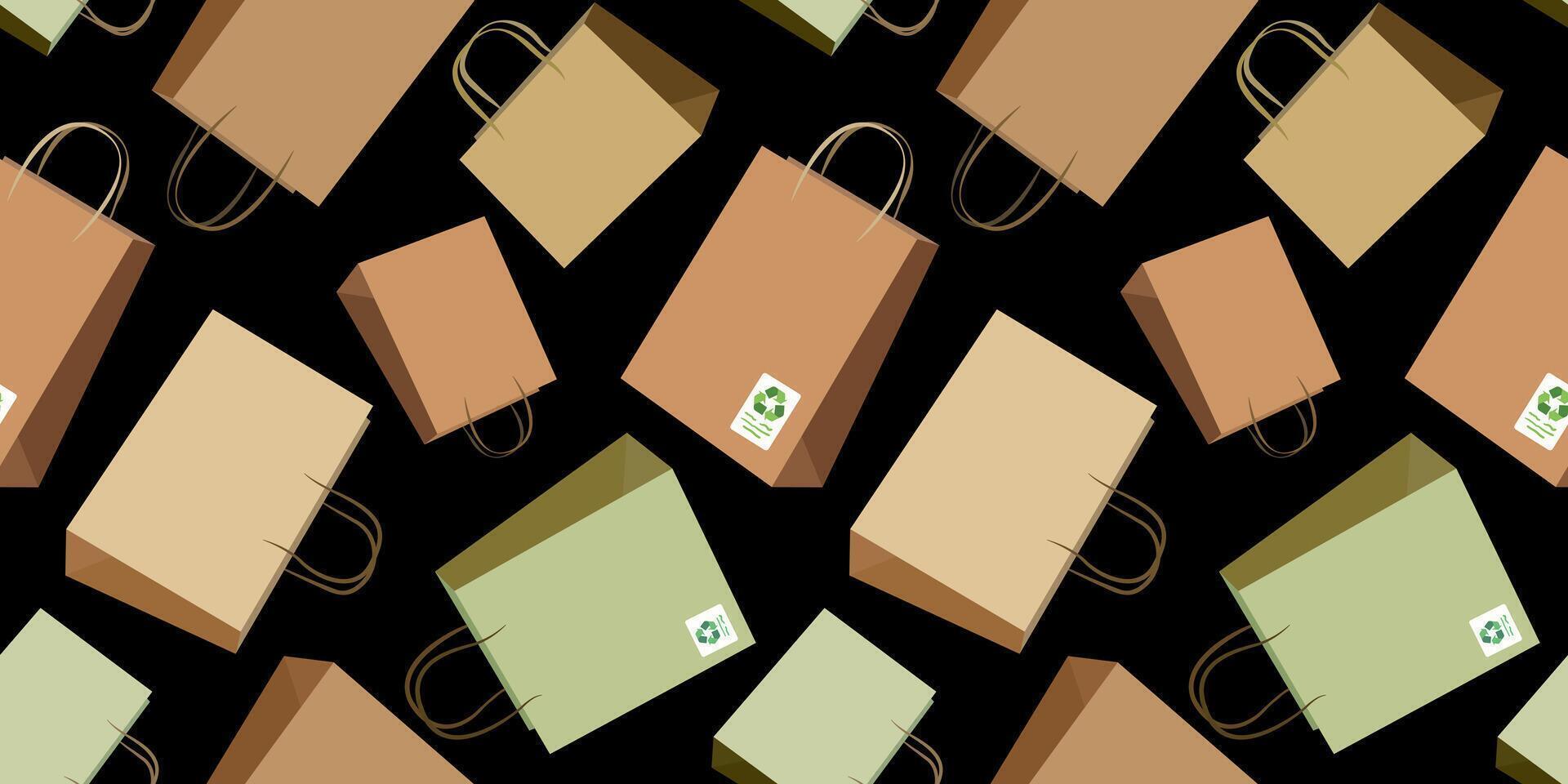 seamless pattern with eco shopping bags on black background, reusable paper bag illustration for sales, zero waste lifestyle and sustainable packaging design vector