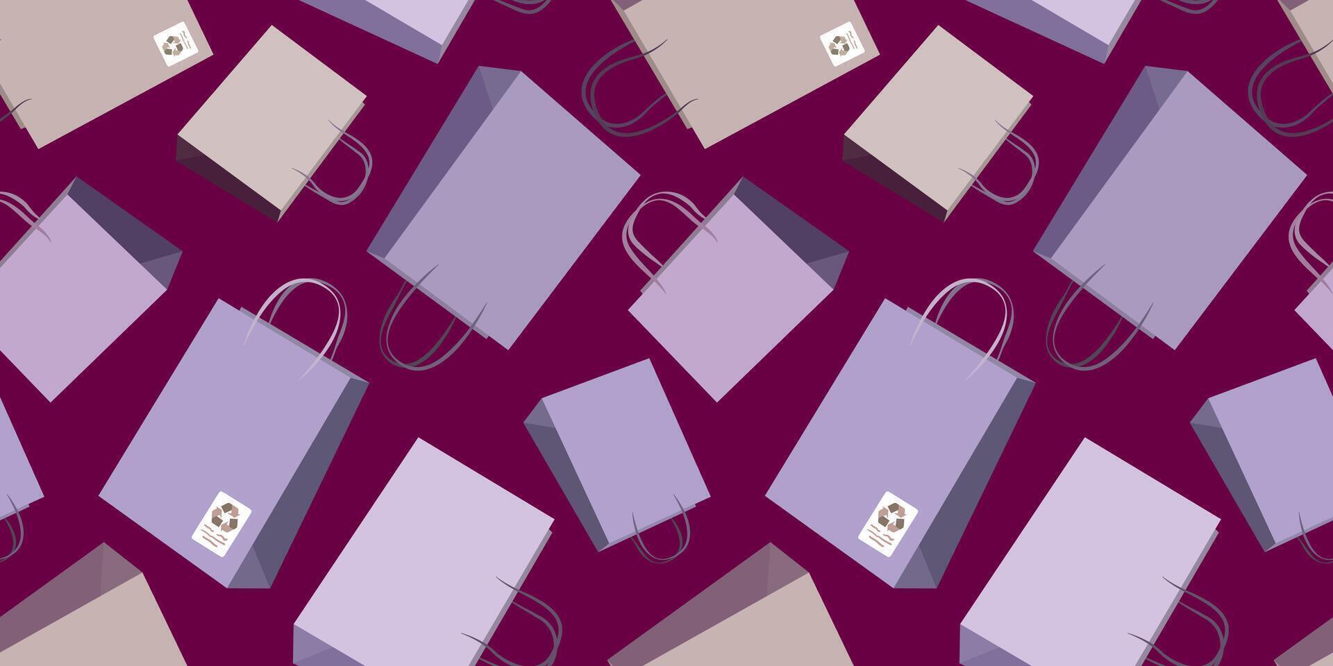 seamless pattern with eco-friendly shopping bags on burgundy background, paper packaging design for retail, fashion stores, e-commerce, and sustainable branding vector