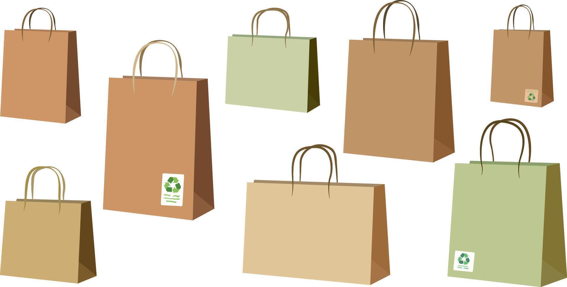 pastel set shopping bags - isolated eco-friendly paper bags with recycling symbol. stylish objects for retail and sustainable shopping concepts vector