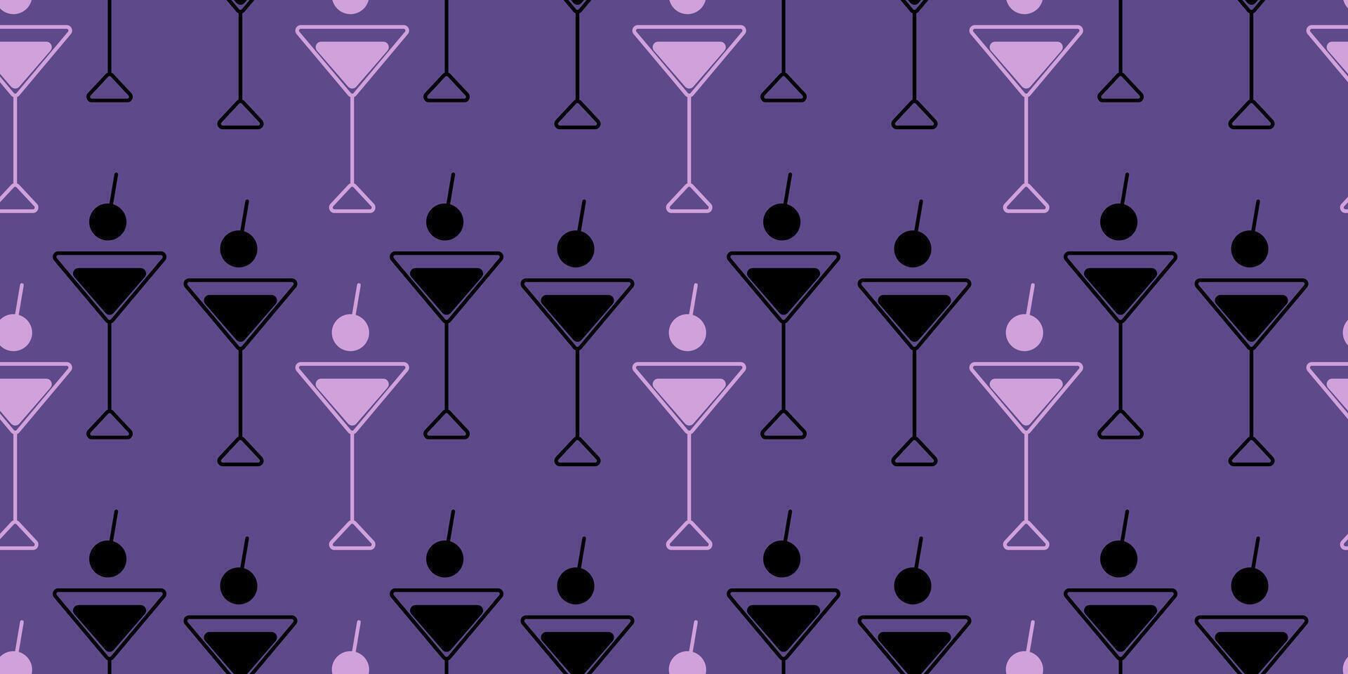 Abstract Martini glasses Icon Seamless Pattern Pink and Dark on violet Background Bartender Day fond. Isolated Graphic design Print materials, banner, poster, bar wallpaper, menu cards, leaflet vector