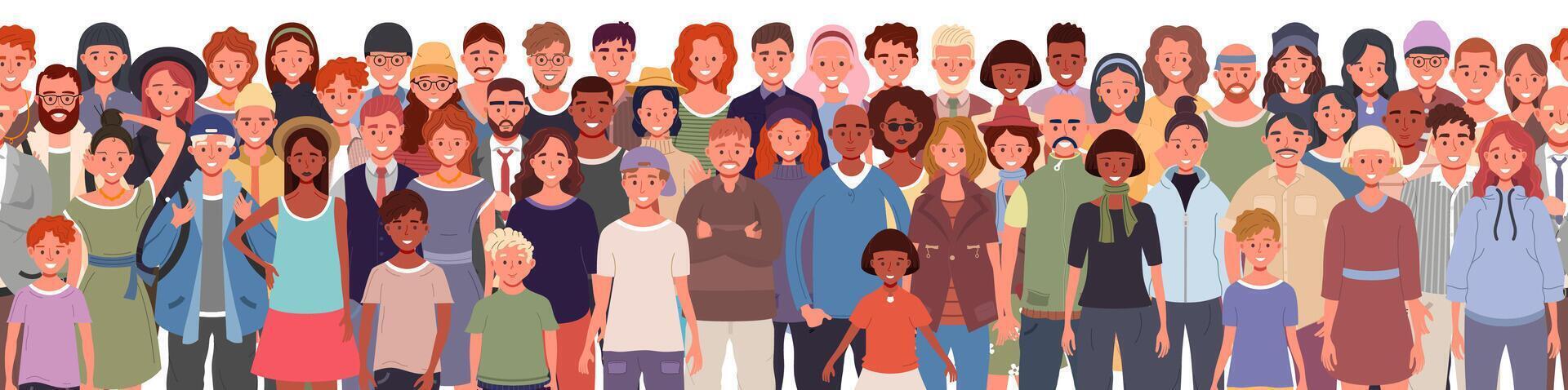 Group of people seamless pattern. Children and teenagers, adults and seniors stand together. Illustration of men and women of different nationalities and ages. vector