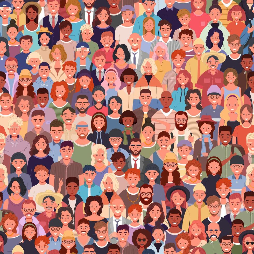 Seamless pattern with large group of people. Children, teens, adults, and seniors of various nationalities. Men and women of different ages illustration. vector