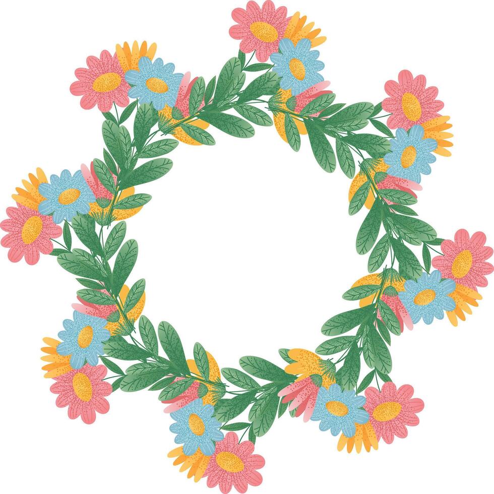Floral Wreath with Pink, Blue, and Yellow Blossoms. Circular floral wreath featuring pink, blue, and yellow blossoms intertwined with green leaves. Decorative element, frame, border. vector