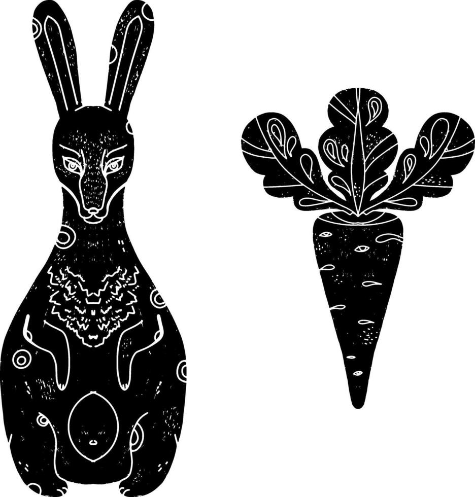 a rabbit and a carrot are shown in black and white vector