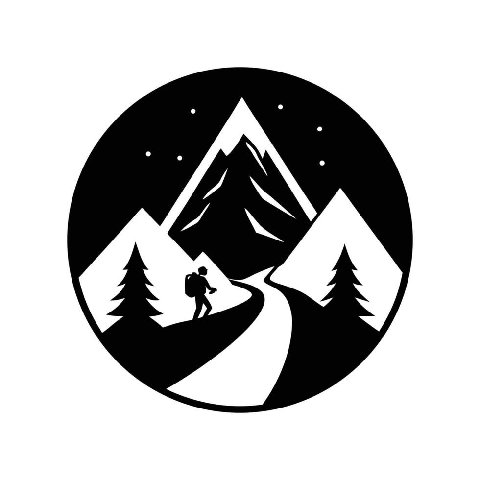 Minimalist Black And White Landscape Of Pine Trees And Snowy Mountain Peaks vector