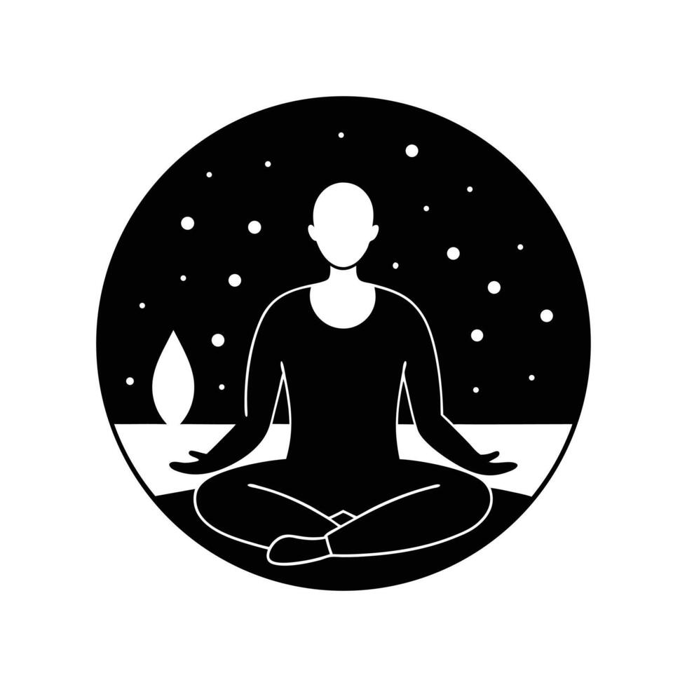 Meditating Person With Candle Silhouette In Night Sky Background Icon vector