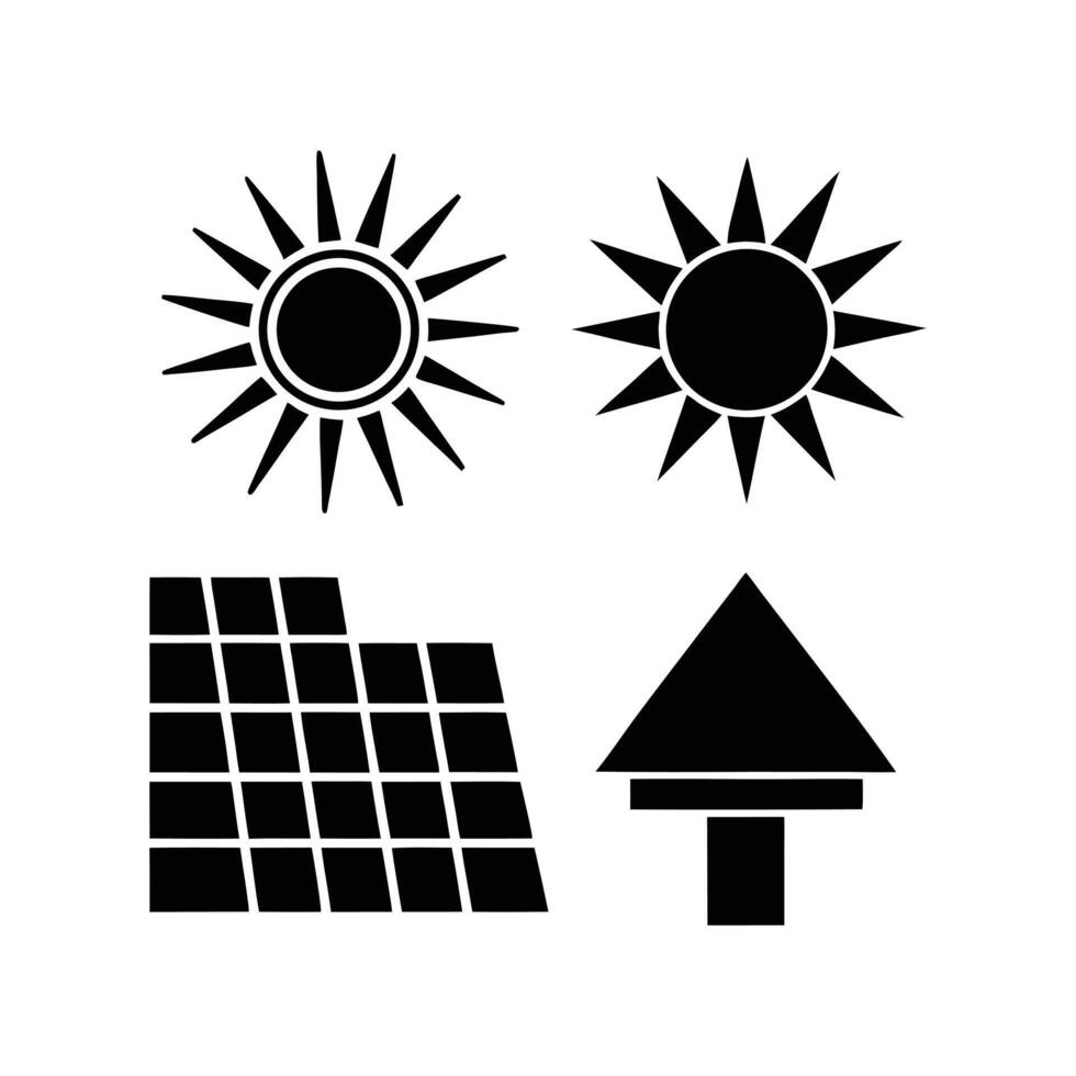 An assortment of meticulously crafted, stark black silhouettes of the sun, solar panels, and a visual of clean energy. vector