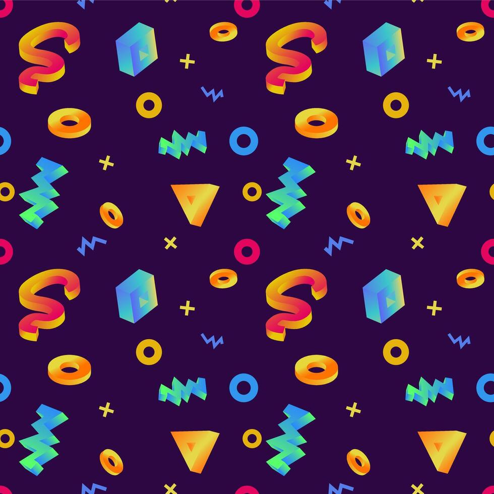 A seamless pattern with various 3D shapes, cute and bright with a gradient. The pattern includes geometric shapes and abstract forms, all of which convey a sense of playful creativity and whimsy vector
