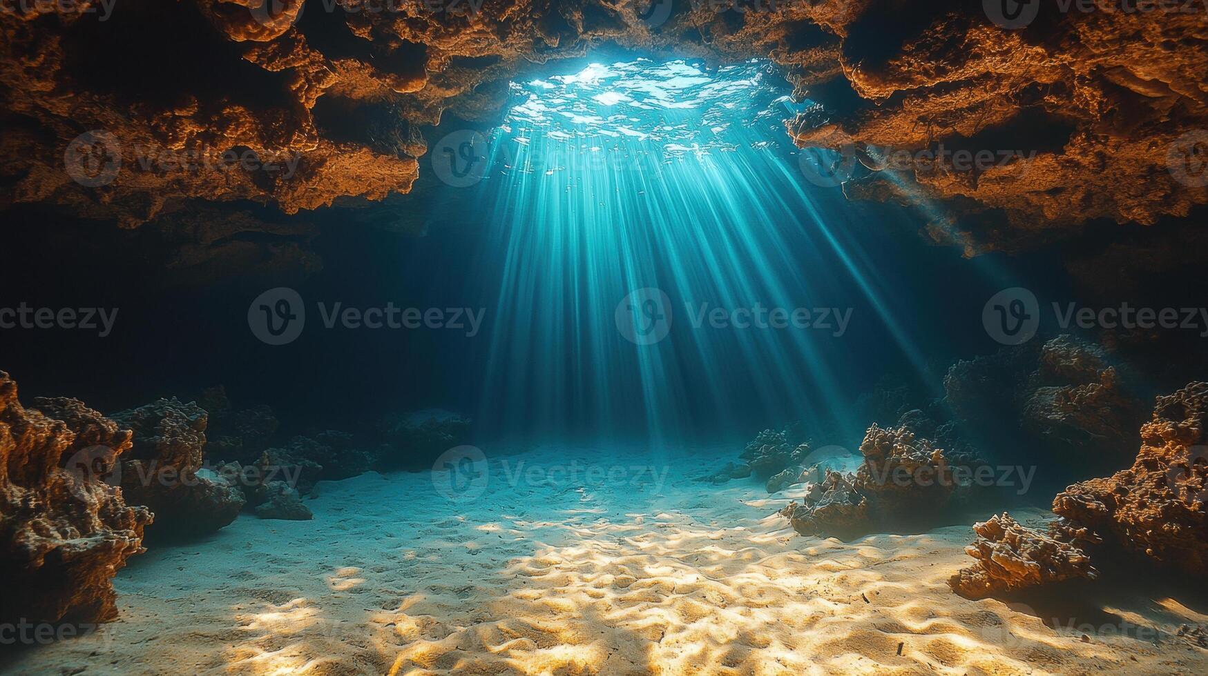 Beneath ocean surface, sunlight filters through water creating serene atmosphere that invites exploration and relaxation, perfect for beach vacations photo
