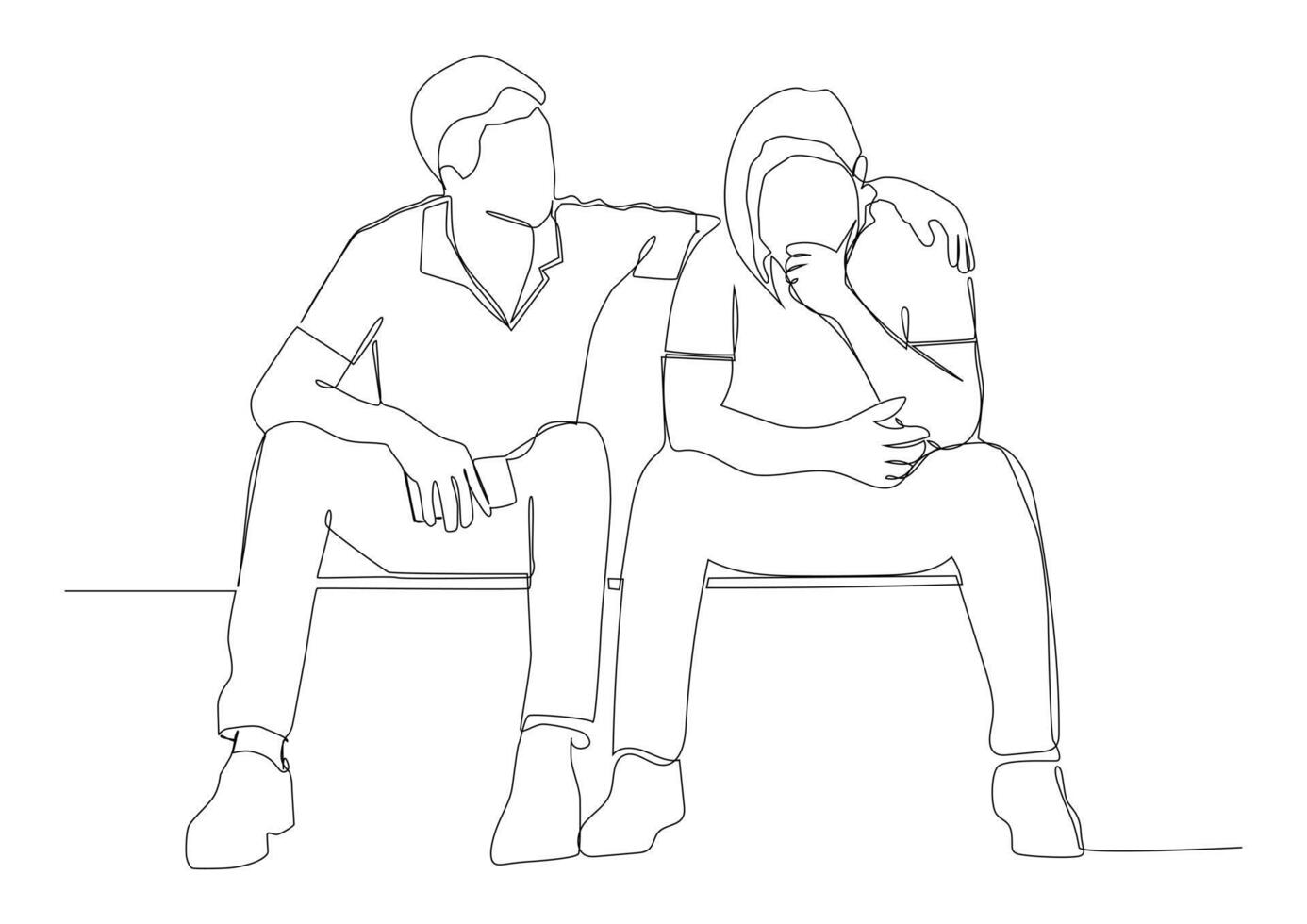 One line art of man supports a friend, a guy put his hand on a friend's shoulder. vector