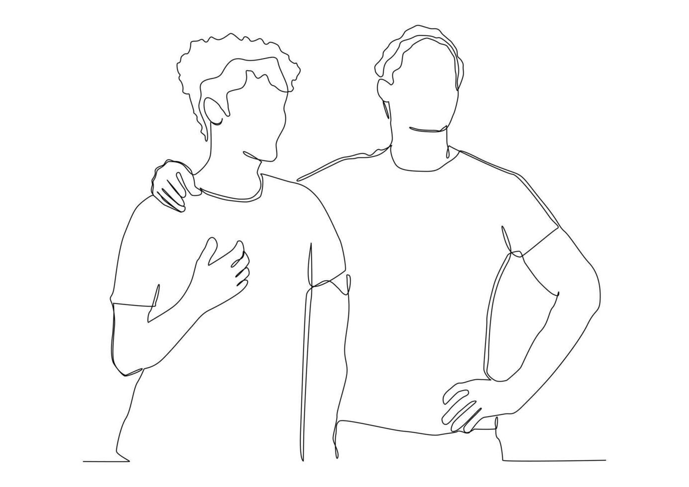 Continuous one line art of man looks at a friend with his hand on his shoulders, the concept of friendship, emotional support, comfort someone. vector
