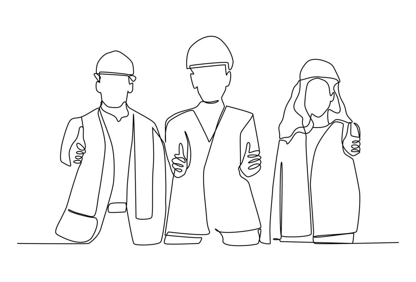 Continuous One line drawing of young happy male and female building builder groups wearing helmet giving thumbs up gesture. Great team work concept. vector