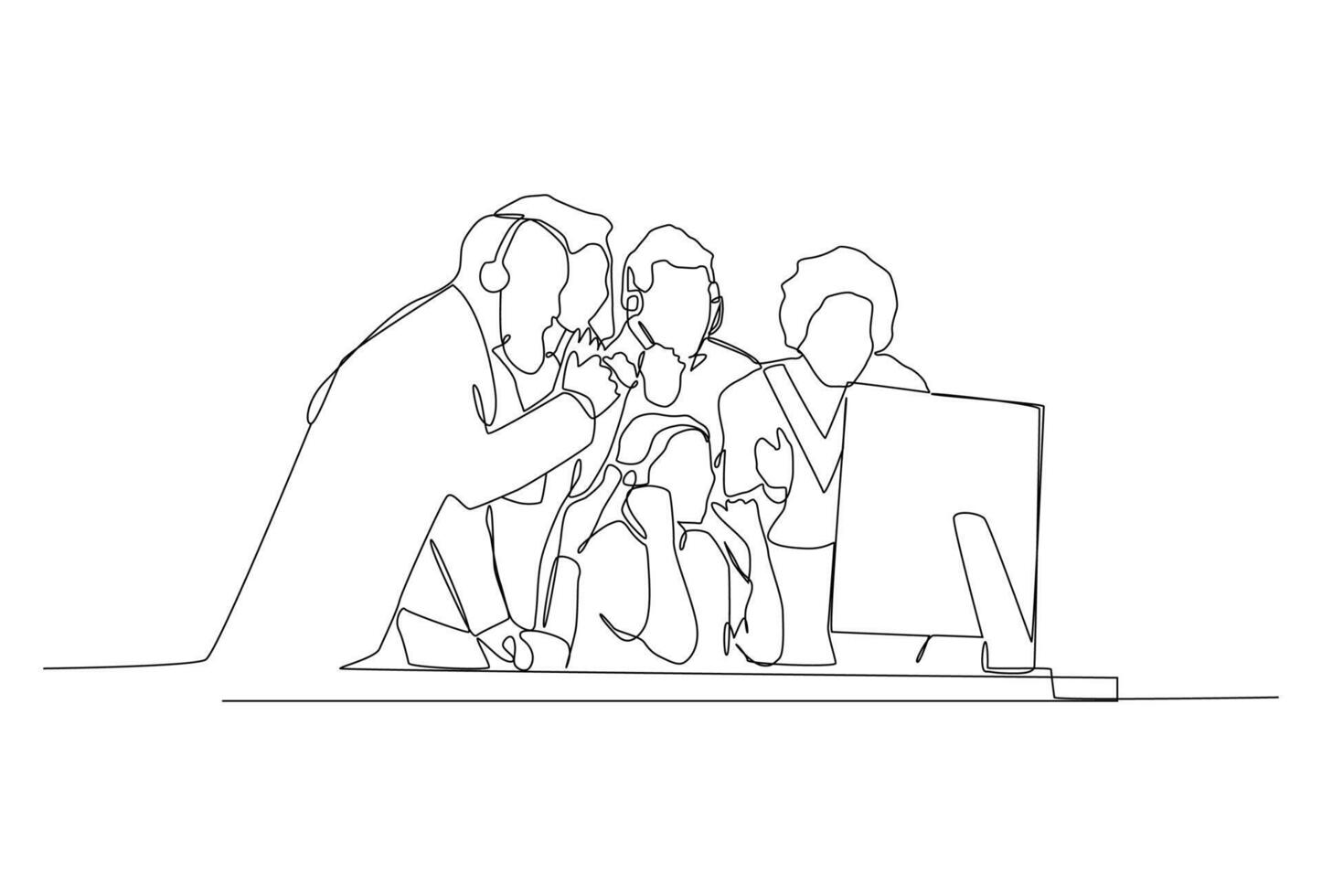 One continuous line drawing group of male and female telemarketing team members calling new customers to offer new product. vector