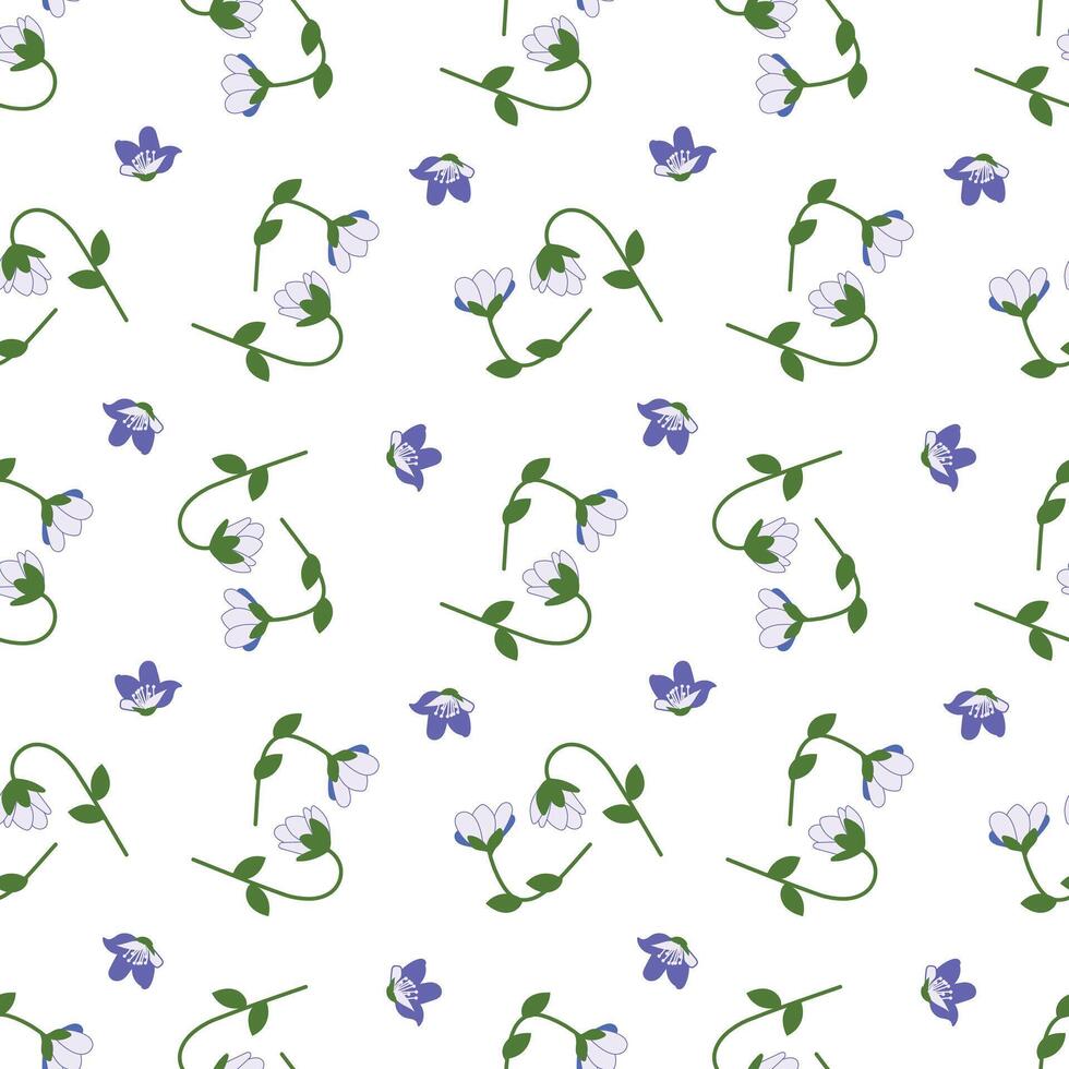 Seamless floral pattern, anemone hepatica flowers. Repeating background, print, repeatable texture, petals, blossoms, for textile, fabric, wrapping print. Flat illustration. vector