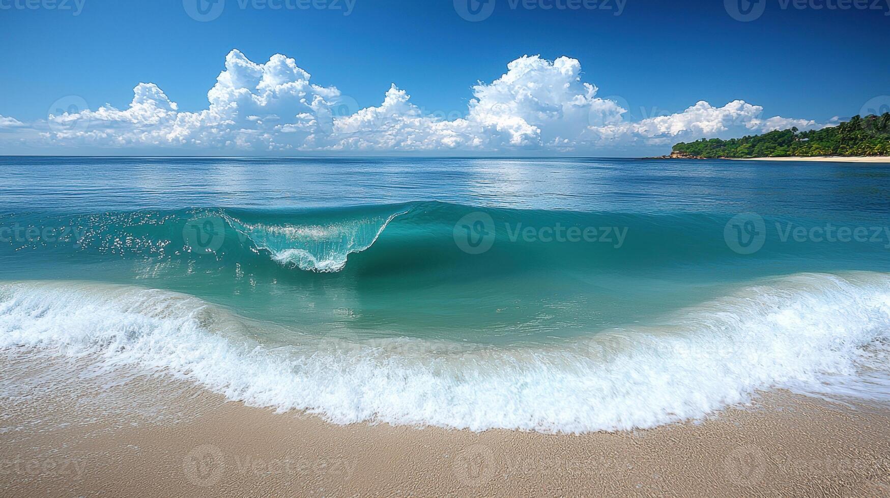serene beach scene captures beauty of vacations with gentle waves lapping at shore under clear blue sky. tranquil atmosphere invites relaxation and enjoyment photo