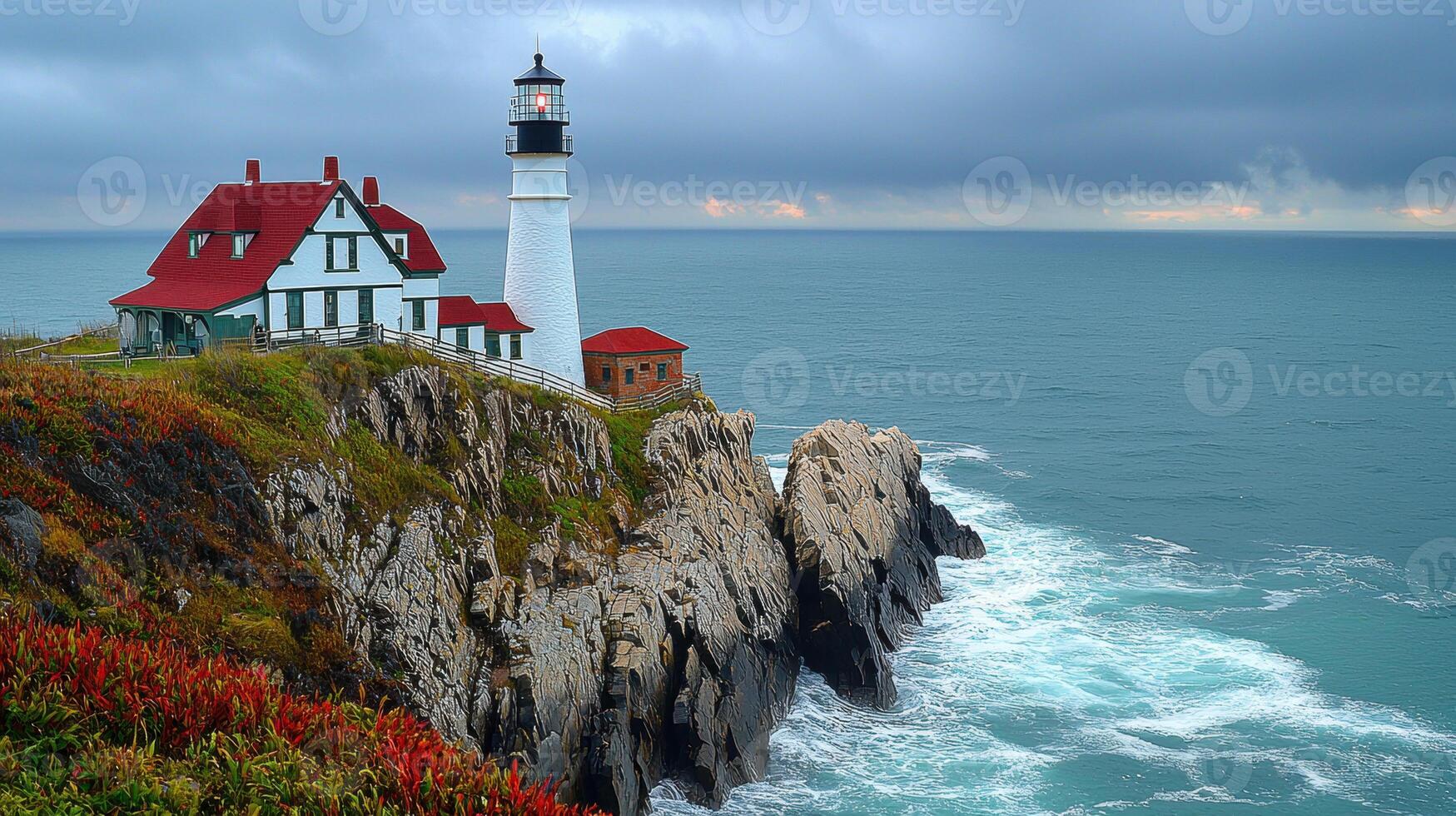picturesque lighthouse stands rugged cliff overlooking ocean, surrounded by vibrant coastal vegetation. This serene scene captures essence of beach vacations, inviting tranquility and exploration photo