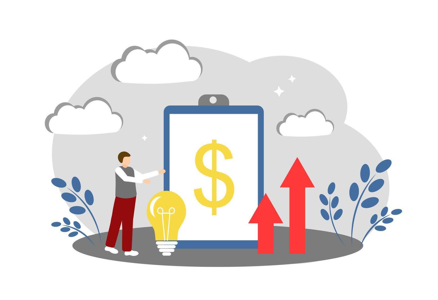 The concept of making money and business planning. A man, a light bulb, arrows and a dollar symbol vector