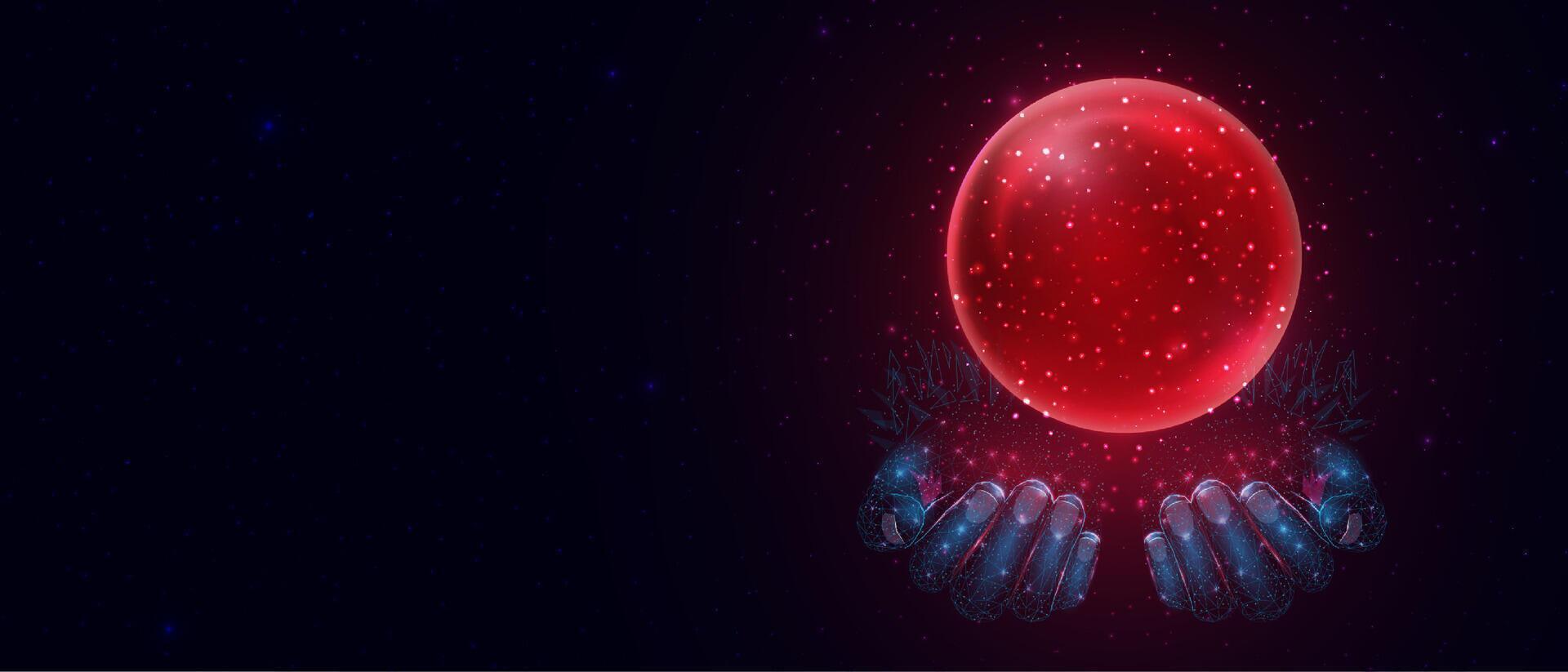 Red magic fantasy sphere in hands. Crystal ball with glowing sparkles and particles. Energy orb with glow flare light effect. vector