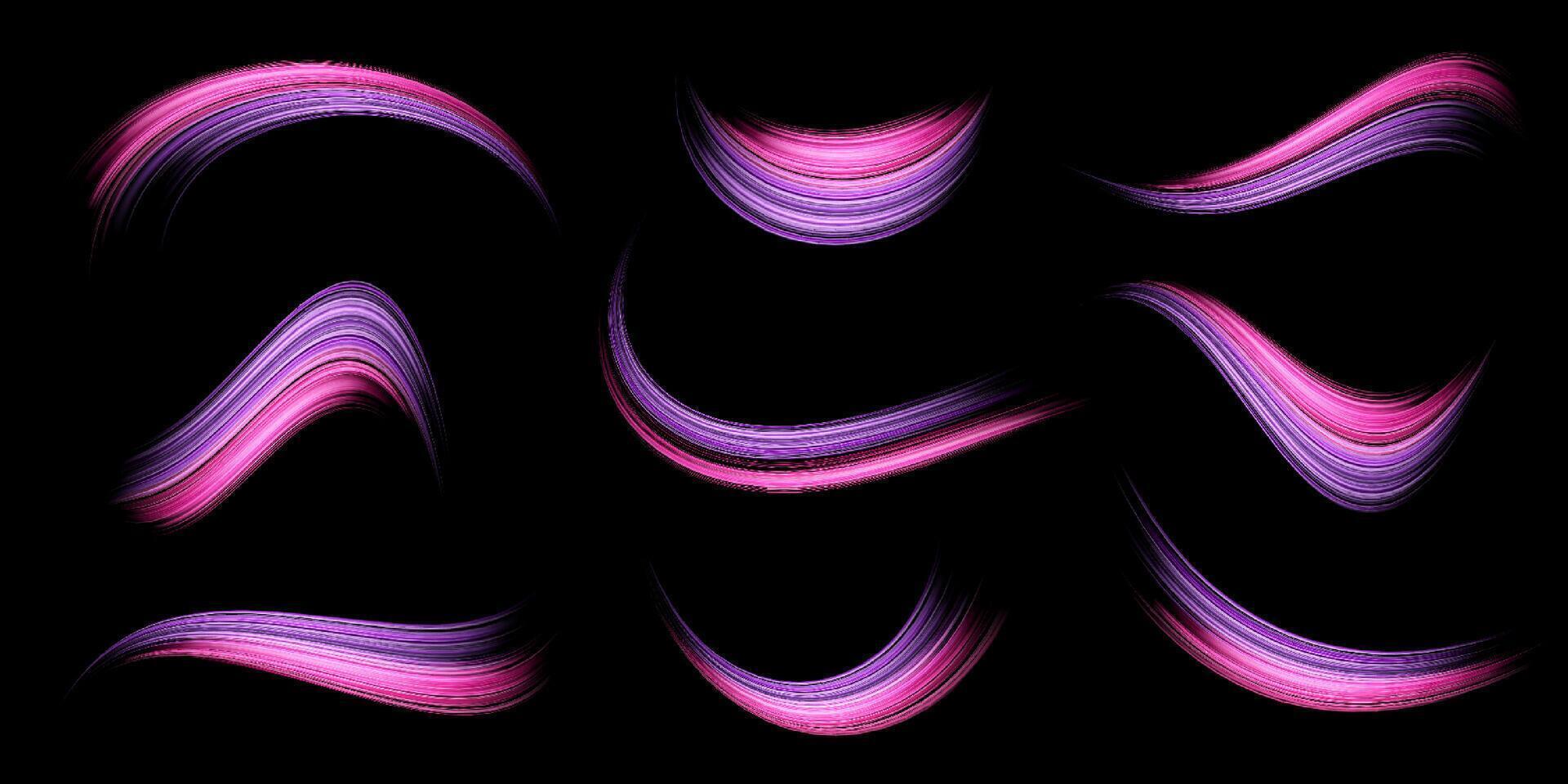 Glowing pink and purple lines set. Dynamic neon realistic energy speed wave. Abstract curve twirl light effect on a dark background. vector