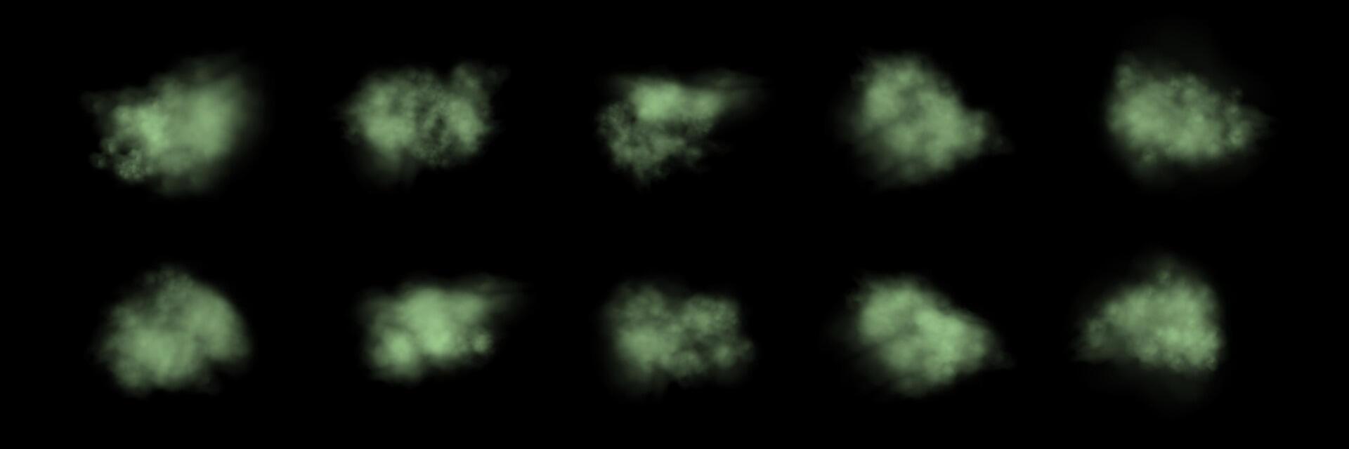 Set of realistic green smokes or haze on a black background. Magic fog, vapor. vector
