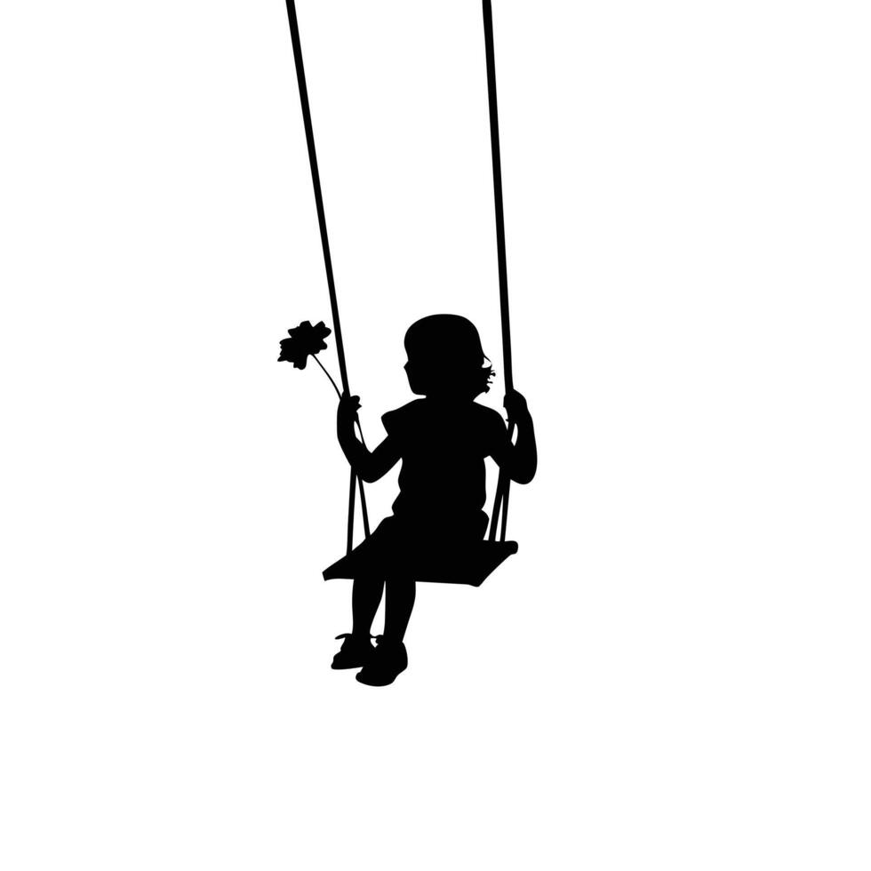 Silhouette Of A Girl On Swing Holding Flower Isolated On White Background vector