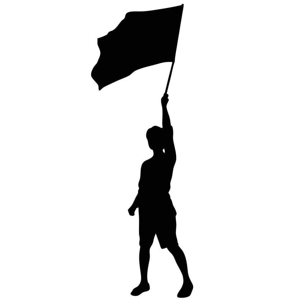 Silhouette Of Person Raising Flag In Air Expressing Winning Or Support vector