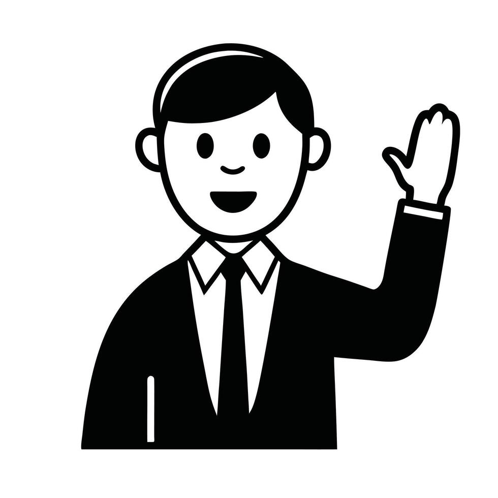 Man In Suit Waving Hand Simple Black And White Illustration Design vector