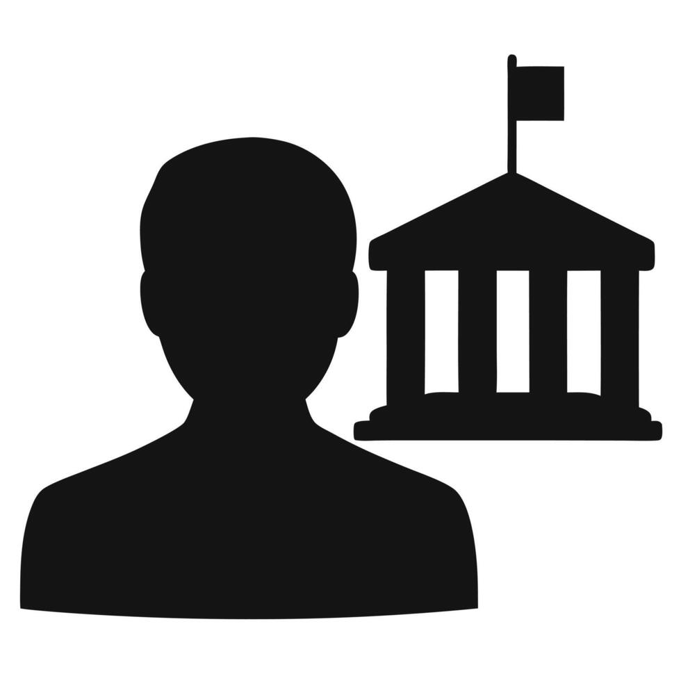 Person And Government Building Silhouette Represents Political Science And Civic Engagement vector