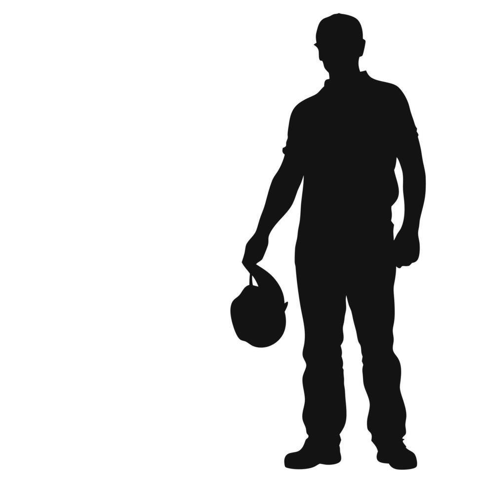 Silhouette Of Construction Worker Holding Hard Hat Standing On White Background vector