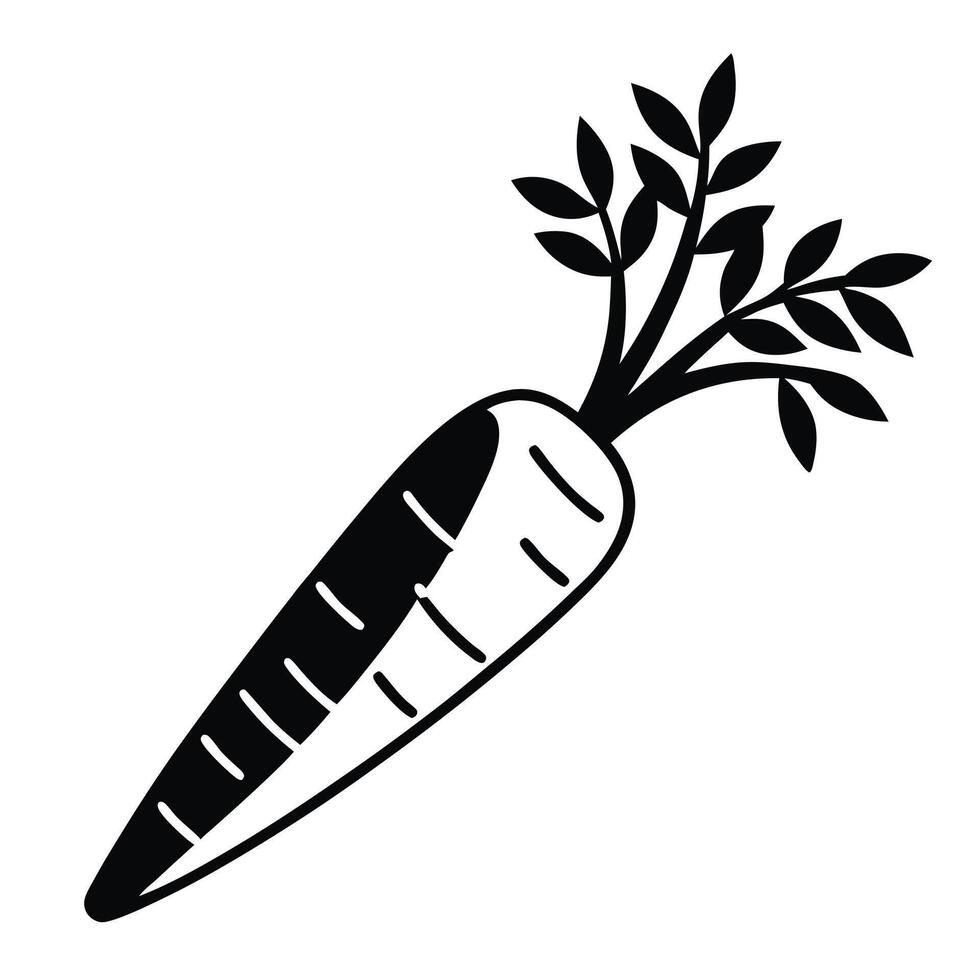 Black And White Graphic Illustration Of A Fresh Carrot With Leaves Icon vector