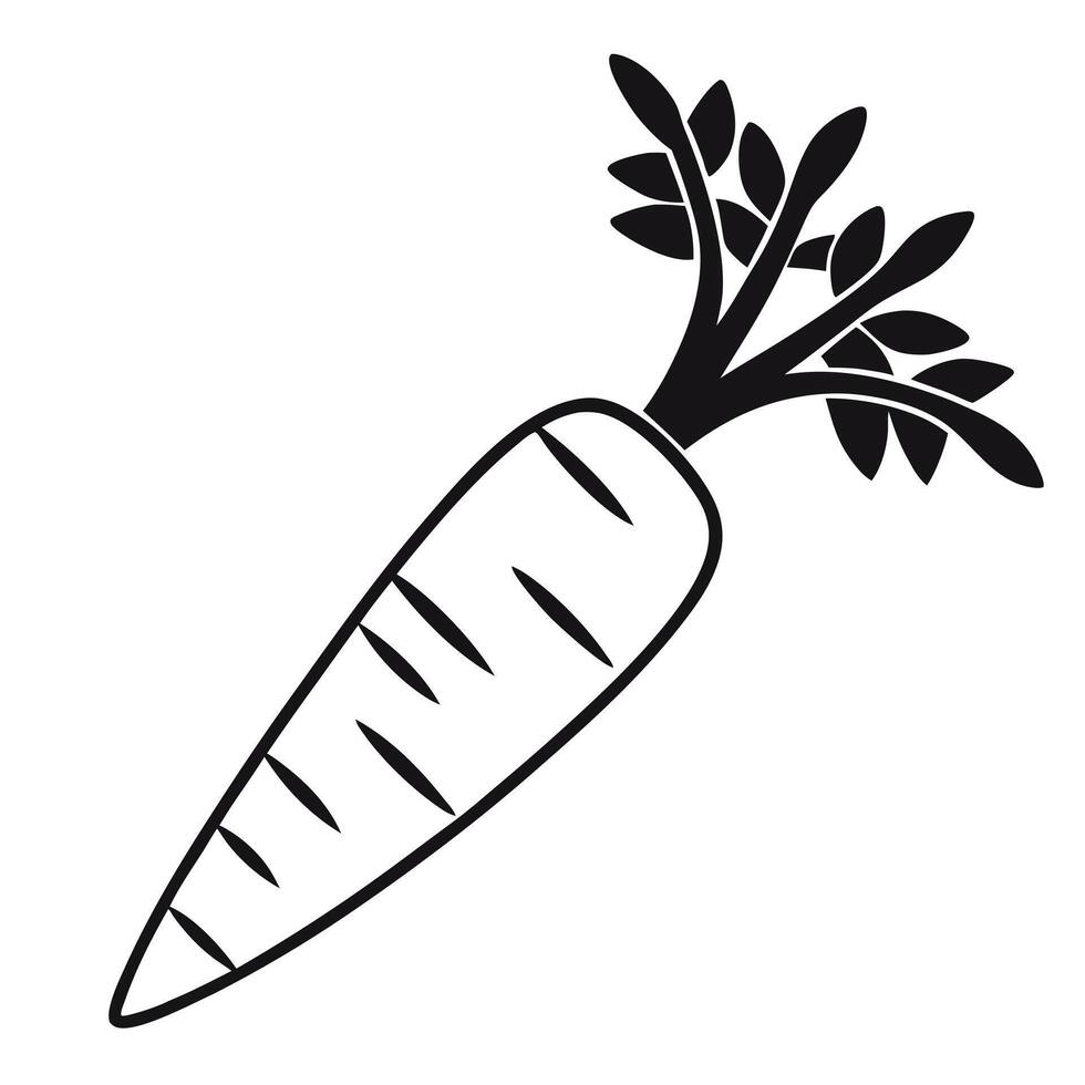 Simple Black And White Carrot Illustration With Leaves Isolated On White vector