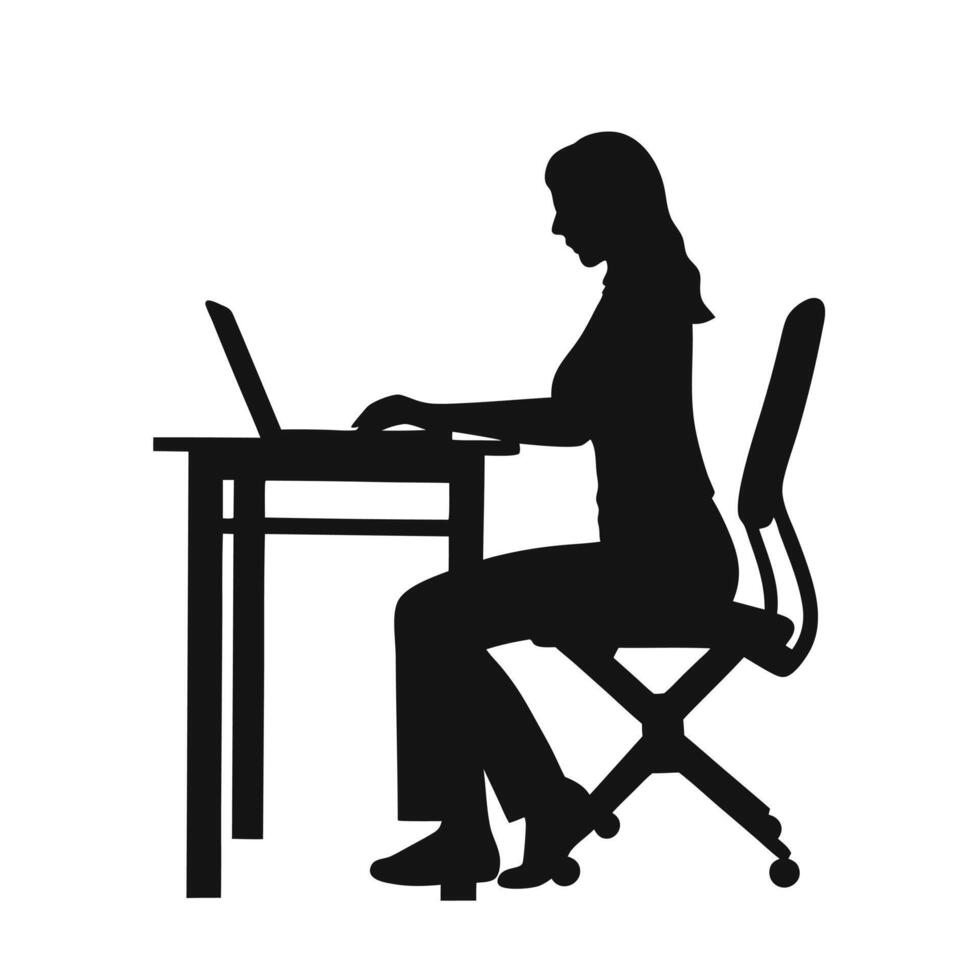 Silhouette Of A Woman Working On A Laptop At Her Desk vector