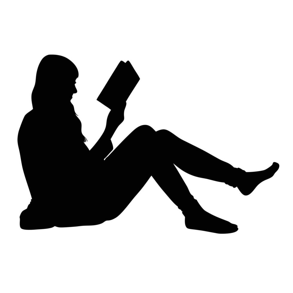 Silhouette Of A Woman Sitting Down Reading A Book In Isolation vector