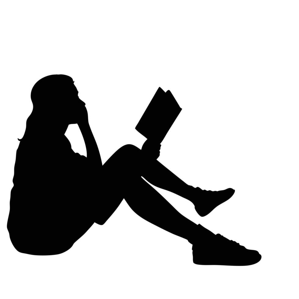 Silhouette Of A Thoughtful Young Woman Reading A Book While Relaxing vector
