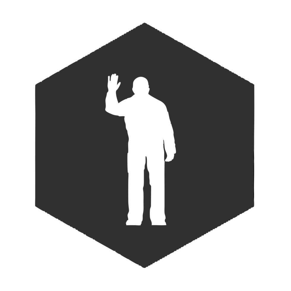 White Silhouette Of Person Waving On Dark Gray Hexagon Shape vector
