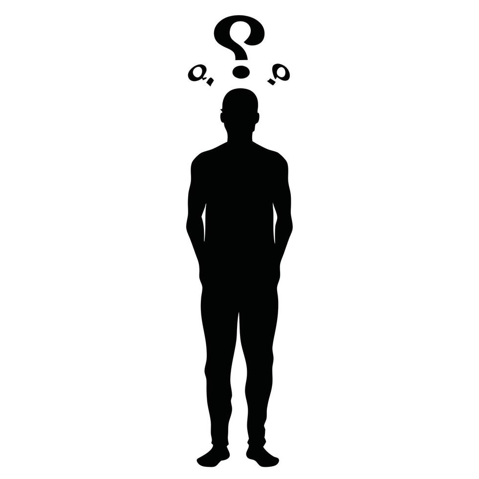 Silhouette Of Man With Question Marks Above Head Expressing Confusion vector